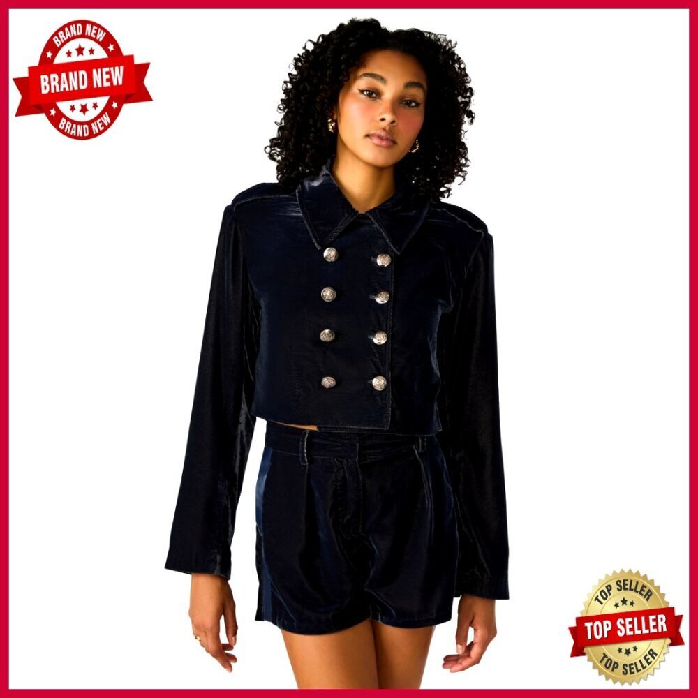 Cropped Double Breasted Velvet Blazer Military Style Hand Wash
